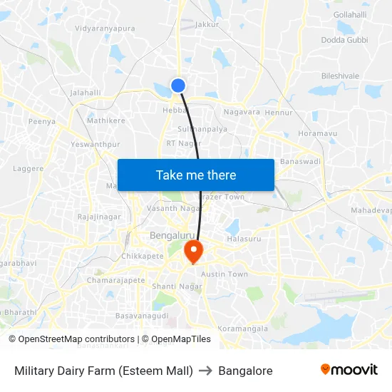 Military Dairy Farm (Esteem Mall) to Bangalore map