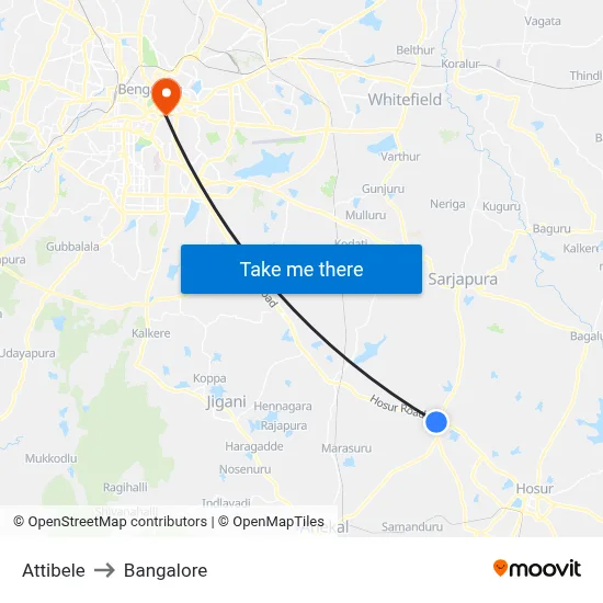 Attibele to Bangalore map