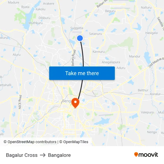 Bagalur Cross to Bangalore map