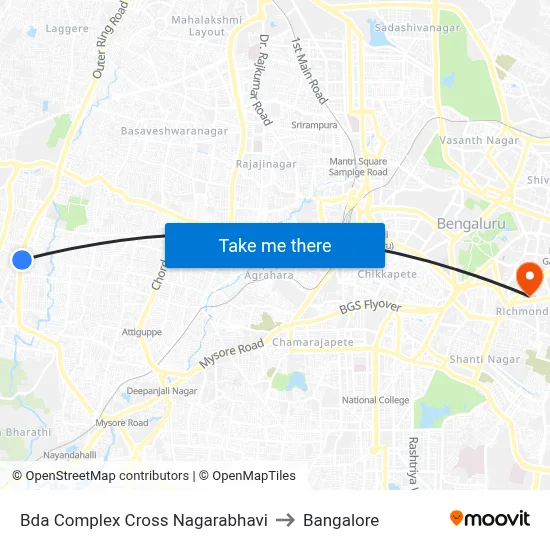 Bda Complex Cross Nagarabhavi to Bangalore map