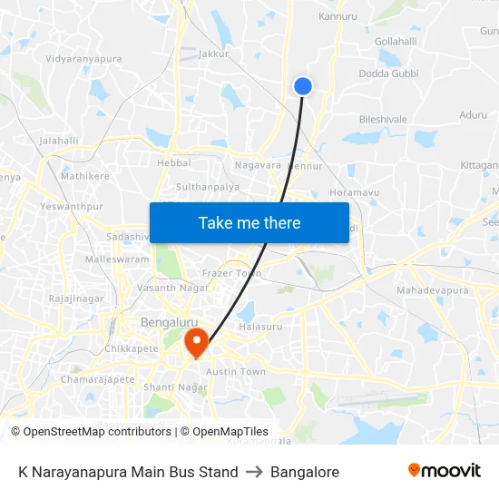 K Narayanapura Main Bus Stand to Bangalore map