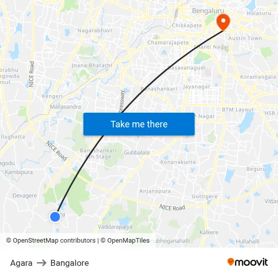 Agara to Bangalore map