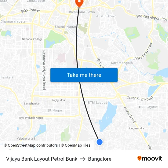 Vijaya Bank Layout Petrol Bunk to Bangalore map