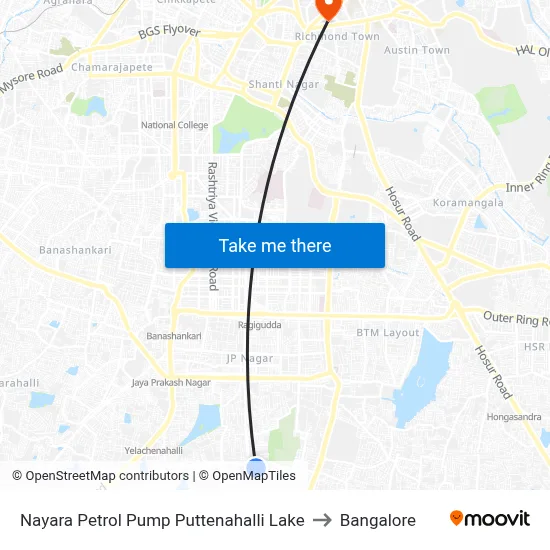 Nayara Petrol Pump Puttenahalli Lake to Bangalore map