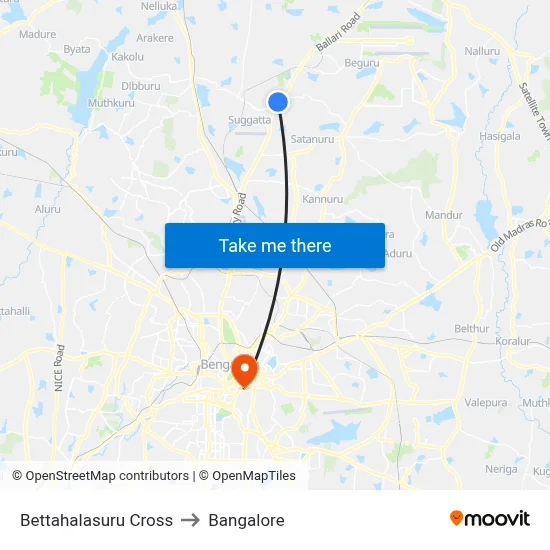 Bettahalasuru Cross to Bangalore map