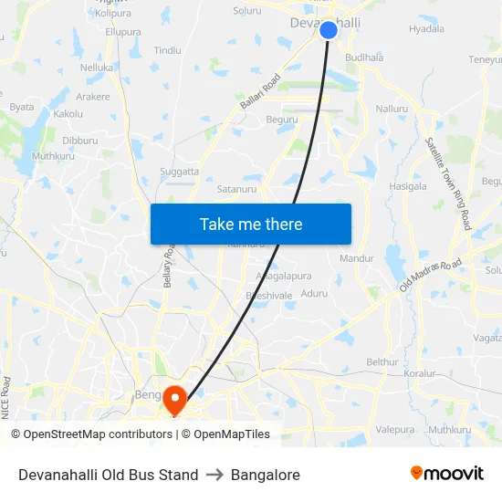 Devanahalli Old Bus Stand to Bangalore map