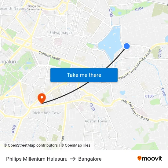 Philips Millenium Halasuru to Bangalore map