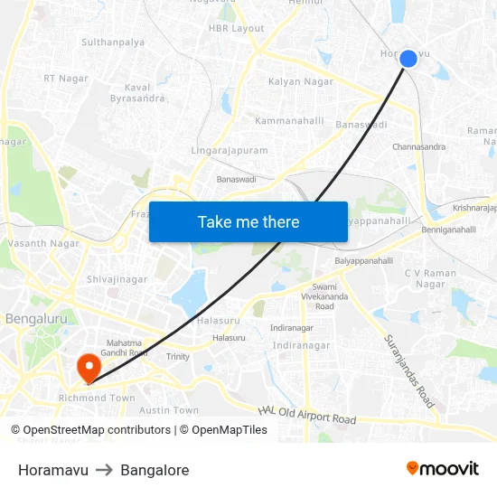 Horamavu to Bangalore map