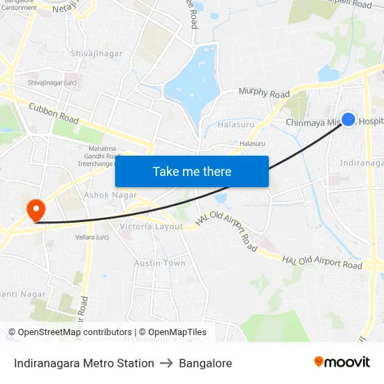 Indiranagara Metro Station to Bangalore map
