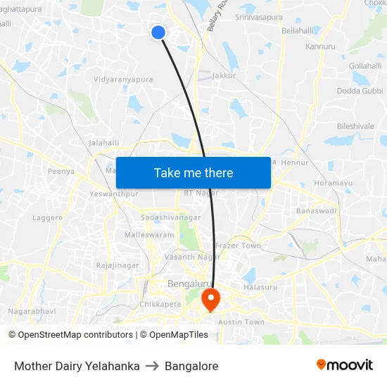 Mother Dairy Yelahanka to Bangalore map