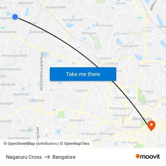 Nagaruru Cross to Bangalore map