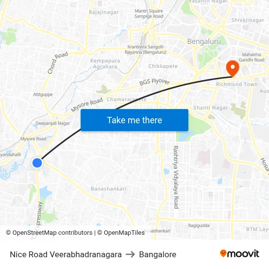 Nice Road Veerabhadranagara to Bangalore map