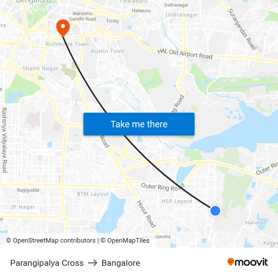 Parangipalya Cross to Bangalore map