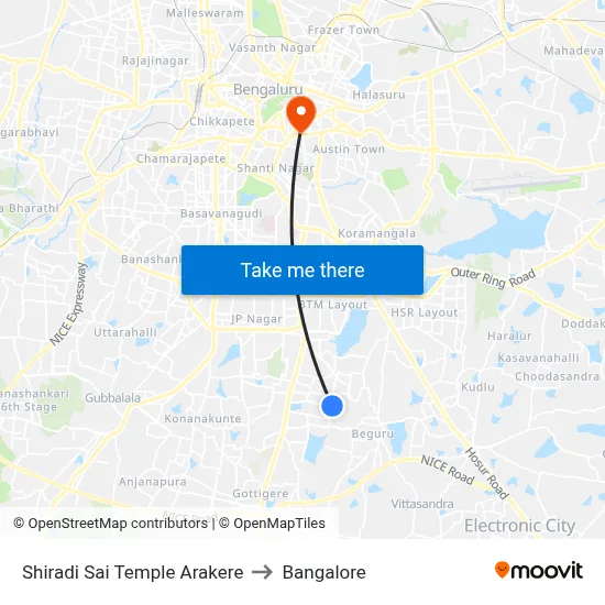 Shiradi Sai Temple Arakere to Bangalore map