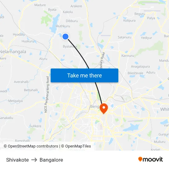 Shivakote to Bangalore map