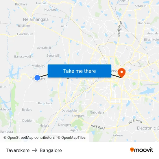 Tavarekere to Bangalore map