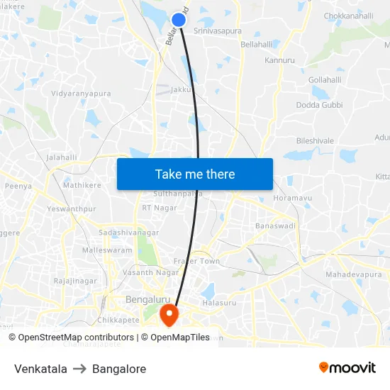 Venkatala to Bangalore map