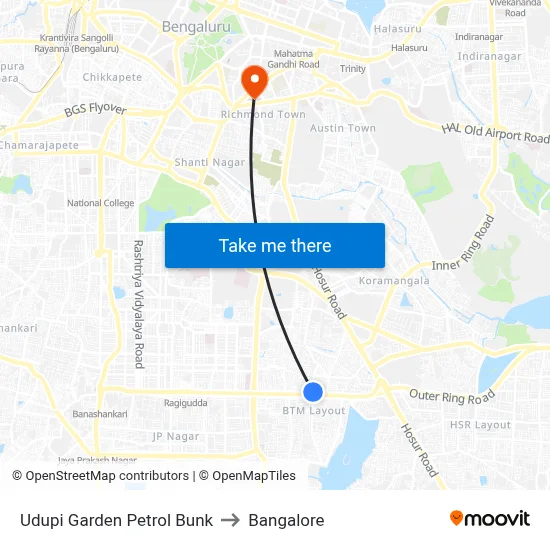Udupi Garden Petrol Bunk to Bangalore map