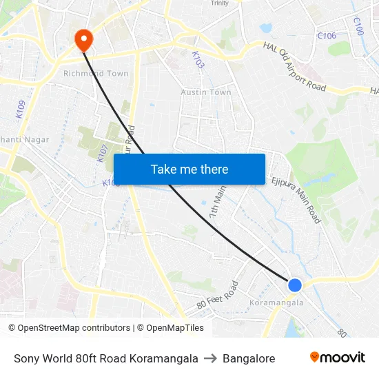 Sony World 80ft Road Koramangala to Bangalore map