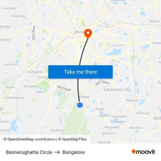 Bannerughatta Circle to Bangalore map