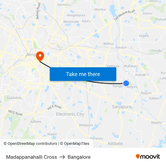 Madappanahalli Cross to Bangalore map