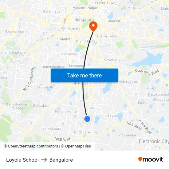Loyola School to Bangalore map