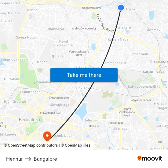 Hennur to Bangalore map