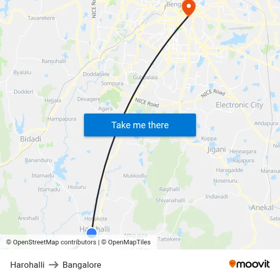 Harohalli to Bangalore map
