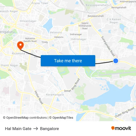 Hal Main Gate to Bangalore map