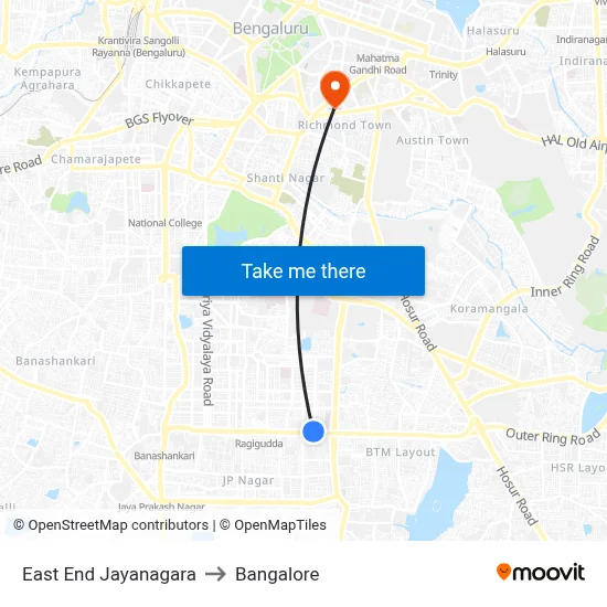 East End Jayanagara to Bangalore map