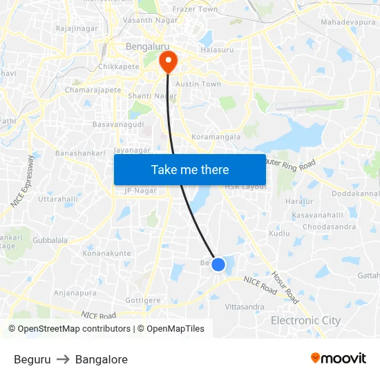 Beguru to Bangalore map