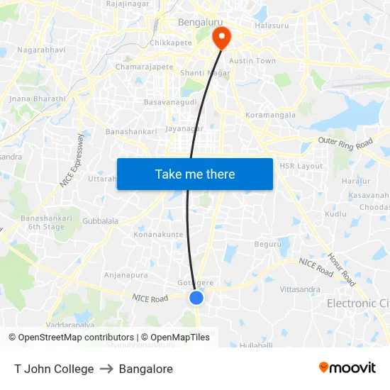 T John College to Bangalore map