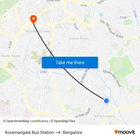 Koramangala Bus Station to Bangalore map