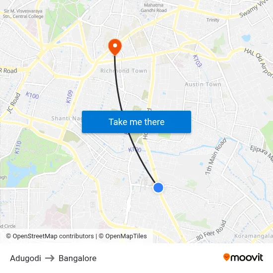 Adugodi to Bangalore map