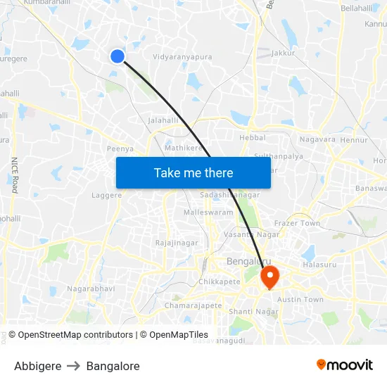 Abbigere to Bangalore map