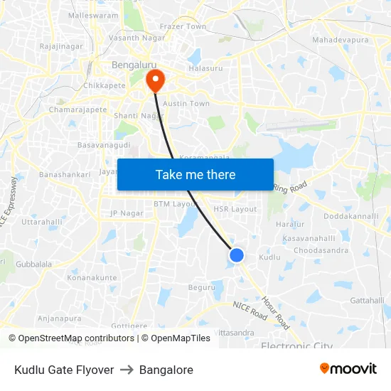 Kudlu Gate Flyover to Bangalore map