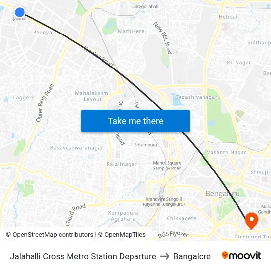Jalahalli Cross Metro Station Departure to Bangalore map