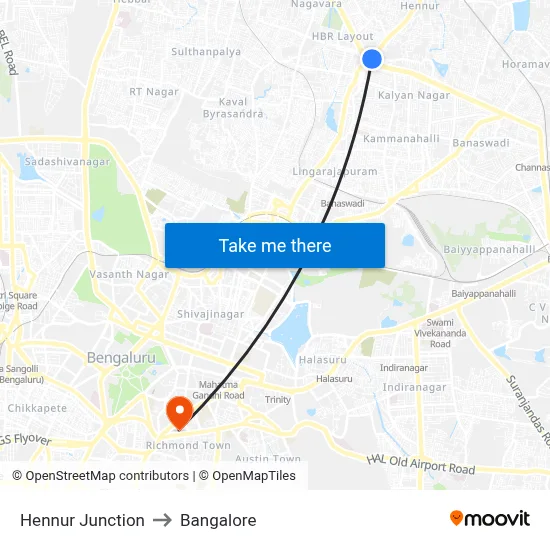 Hennur Junction to Bangalore map
