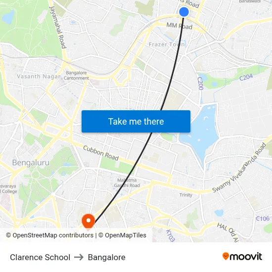 Clarence School to Bangalore map