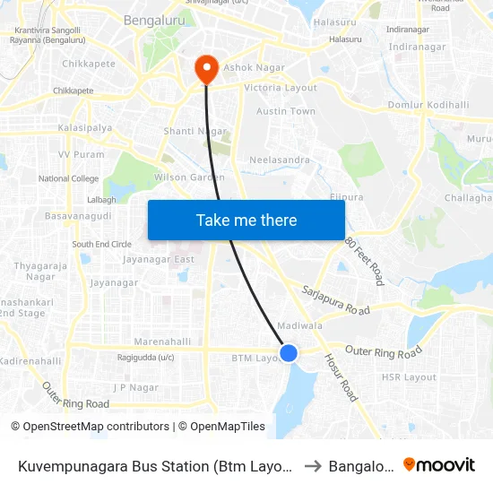Kuvempunagara Bus Station (Btm Layout) to Bangalore map
