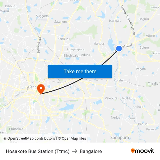 Hosakote Bus Station (Ttmc) to Bangalore map