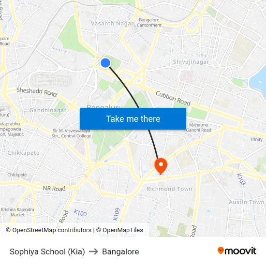 Sophiya School (Kia) to Bangalore map
