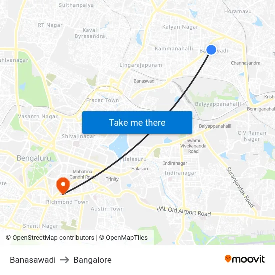 Banasawadi to Bangalore map