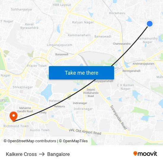 Kalkere Cross to Bangalore map