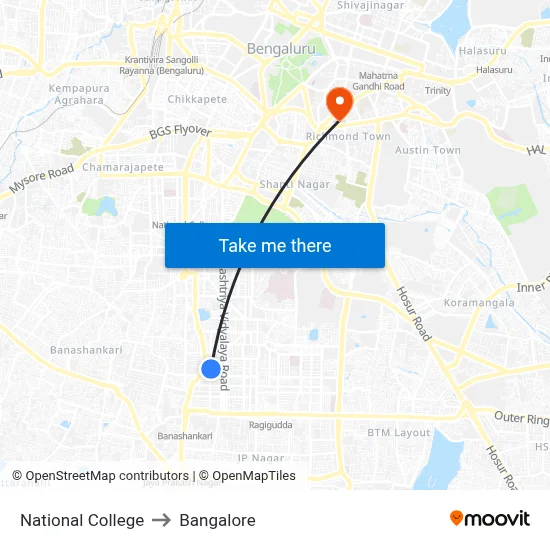 National College to Bangalore map