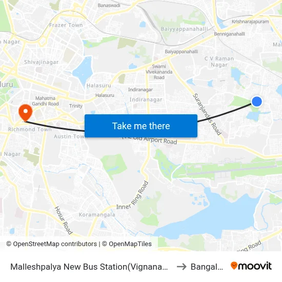 Malleshpalya New Bus Station(Vignananagar) to Bangalore map