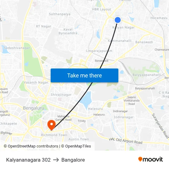 Kalyananagara 302 to Bangalore map