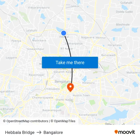 Hebbala Bridge to Bangalore map