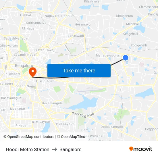 Hoodi Metro Station to Bangalore map