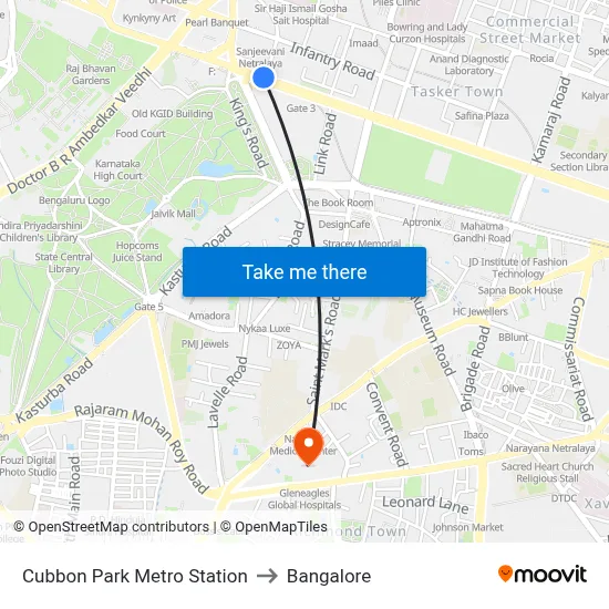 Cubbon Park Metro Station to Bangalore map